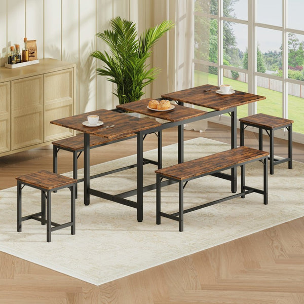 English Elm Expandable Dining Set Seats 8 with Wood Grain Top Steel Frame Benches Stools W1820P464319