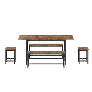 English Elm Expandable Dining Set Seats 8 with Wood Grain Top Steel Frame Benches Stools W1820P464319