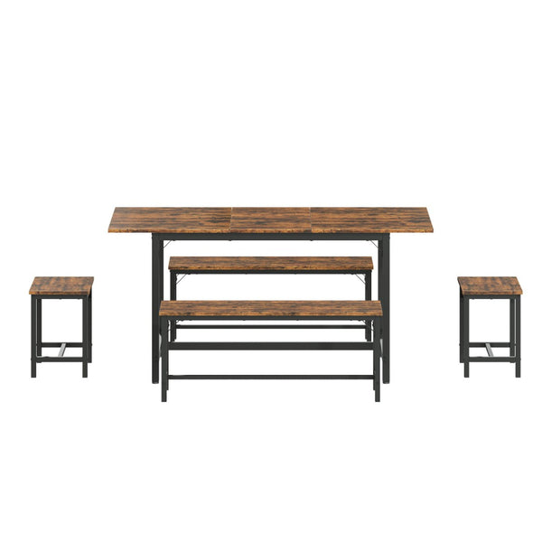 English Elm Expandable Dining Set Seats 8 with Wood Grain Top Steel Frame Benches Stools W1820P464319