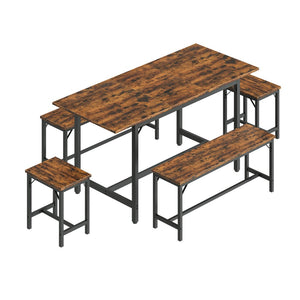 English Elm Expandable Dining Set Seats 8 with Wood Grain Top Steel Frame Benches Stools W1820P464319