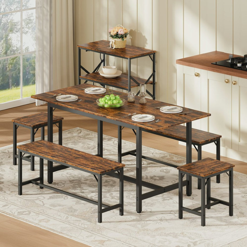 English Elm Expandable Dining Set Seats 8 with Wood Grain Top Steel Frame Benches Stools W1820P464319