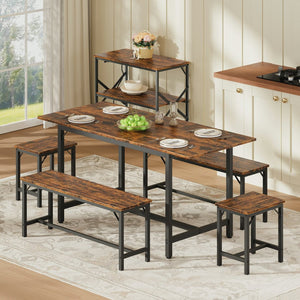 English Elm Expandable Dining Set Seats 8 with Wood Grain Top Steel Frame Benches Stools W1820P464319
