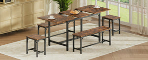 English Elm Expandable Dining Set Seats 8 with Wood Grain Top Steel Frame Benches Stools W1820P464319