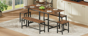 English Elm Expandable Dining Set Seats 8 with Wood Grain Top Steel Frame Benches Stools W1820P464319
