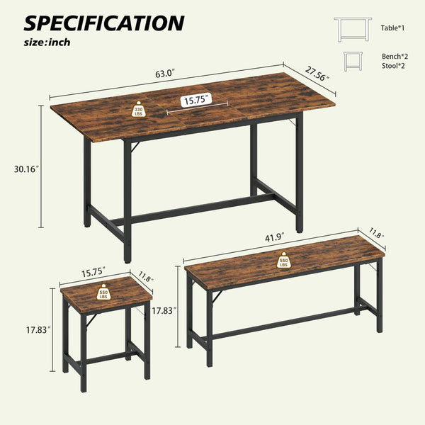English Elm Expandable Dining Set Seats 8 with Wood Grain Top Steel Frame Benches Stools W1820P464319