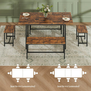 English Elm Expandable Dining Set Seats 8 with Wood Grain Top Steel Frame Benches Stools W1820P464319
