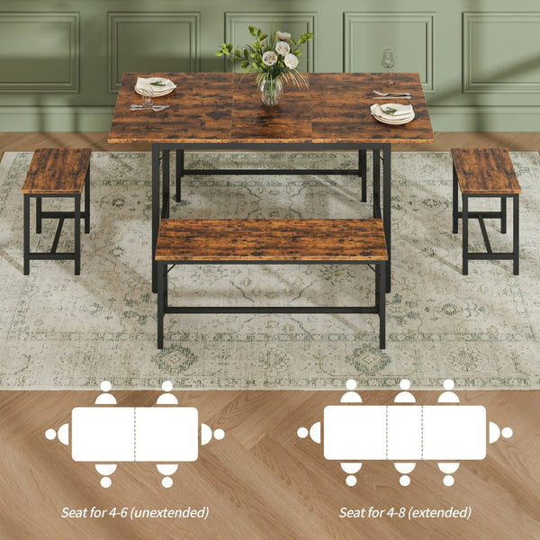 English Elm Expandable Dining Set Seats 8 with Wood Grain Top Steel Frame Benches Stools W1820P464319