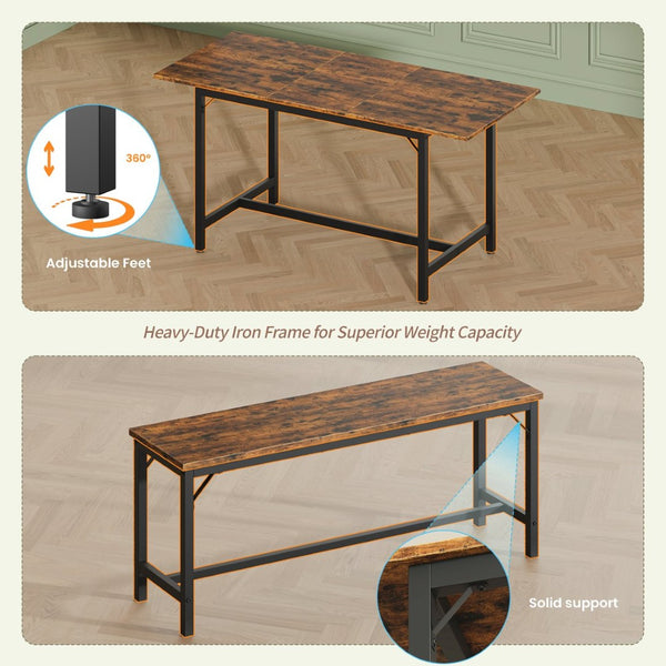 English Elm Expandable Dining Set Seats 8 with Wood Grain Top Steel Frame Benches Stools W1820P464319