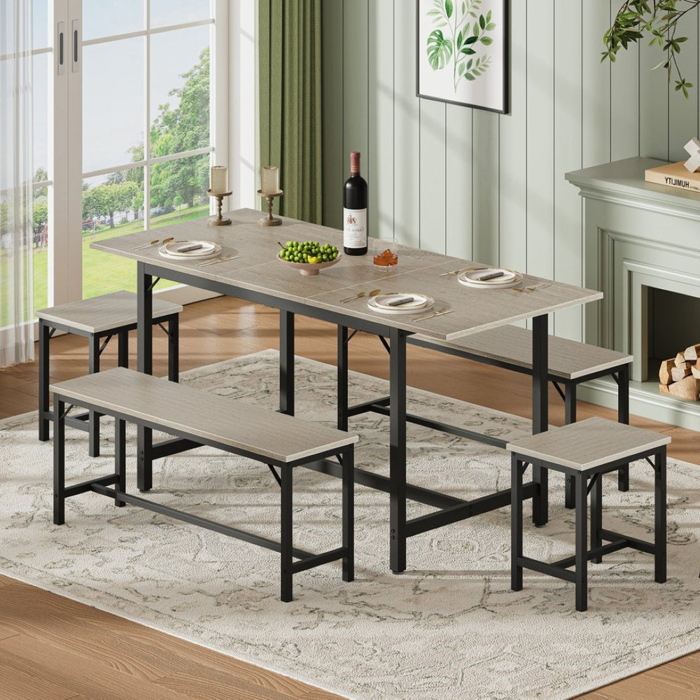 English Elm Expandable Dining Set Seats Eight with Benches Stools Steel Frame Wood Grain Top Gray W1820P464320
