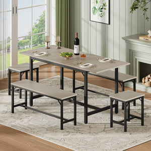 English Elm Expandable Dining Set Seats Eight with Benches Stools Steel Frame Wood Grain Top Gray W1820P464320