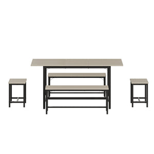 English Elm Expandable Dining Set Seats Eight with Benches Stools Steel Frame Wood Grain Top Gray W1820P464320