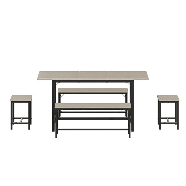English Elm Expandable Dining Set Seats Eight with Benches Stools Steel Frame Wood Grain Top Gray W1820P464320