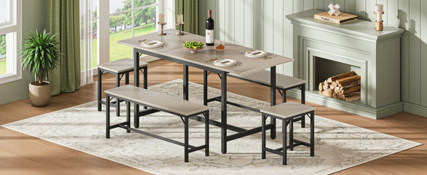 English Elm Expandable Dining Set Seats Eight with Benches Stools Steel Frame Wood Grain Top Gray W1820P464320