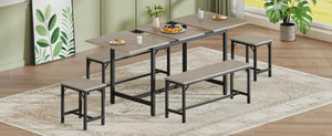 English Elm Expandable Dining Set Seats Eight with Benches Stools Steel Frame Wood Grain Top Gray W1820P464320