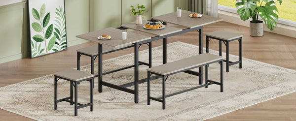 English Elm Expandable Dining Set Seats Eight with Benches Stools Steel Frame Wood Grain Top Gray W1820P464320