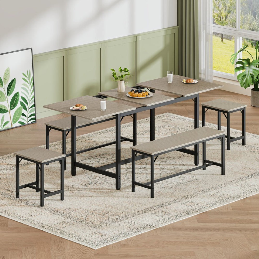 English Elm Expandable Dining Set Seats Eight with Benches Stools Steel Frame Wood Grain Top Gray W1820P464320