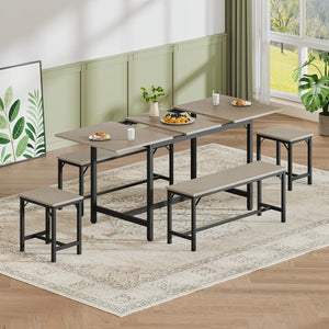 English Elm Expandable Dining Set Seats Eight with Benches Stools Steel Frame Wood Grain Top Gray W1820P464320