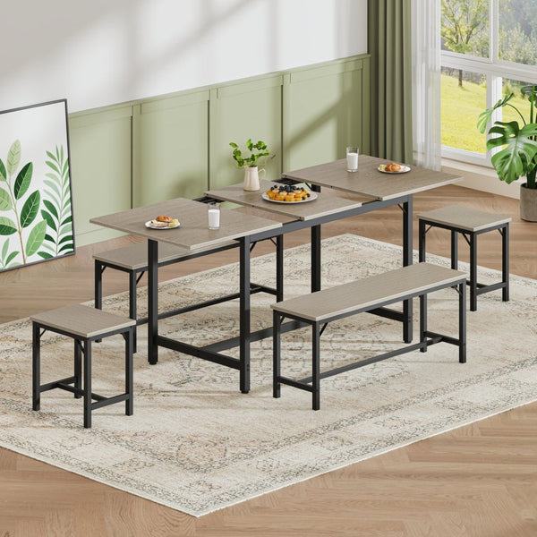 English Elm Expandable Dining Set Seats Eight with Benches Stools Steel Frame Wood Grain Top Gray W1820P464320