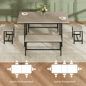 English Elm Expandable Dining Set Seats Eight with Benches Stools Steel Frame Wood Grain Top Gray W1820P464320
