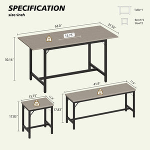 English Elm Expandable Dining Set Seats Eight with Benches Stools Steel Frame Wood Grain Top Gray W1820P464320
