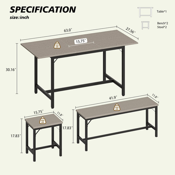 English Elm Expandable Dining Set Seats Eight with Benches Stools Steel Frame Wood Grain Top Gray W1820P464320