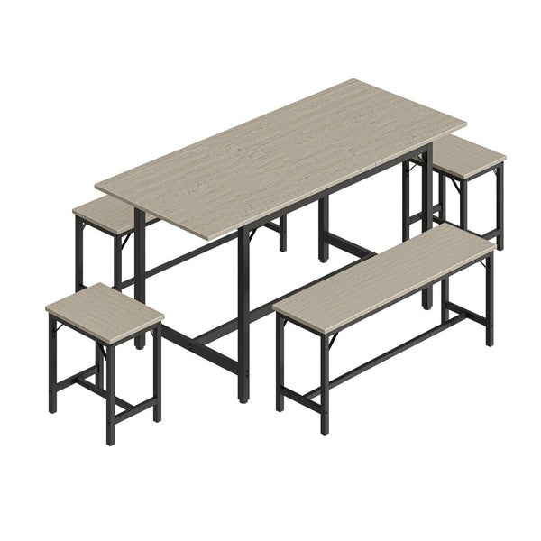 English Elm Expandable Dining Set Seats Eight with Benches Stools Steel Frame Wood Grain Top Gray W1820P464320