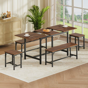 English Elm Expandable Dining Set Seats Eight with Benches Stools Steel Frame Wood Grain Top Walnut W1820P464321
