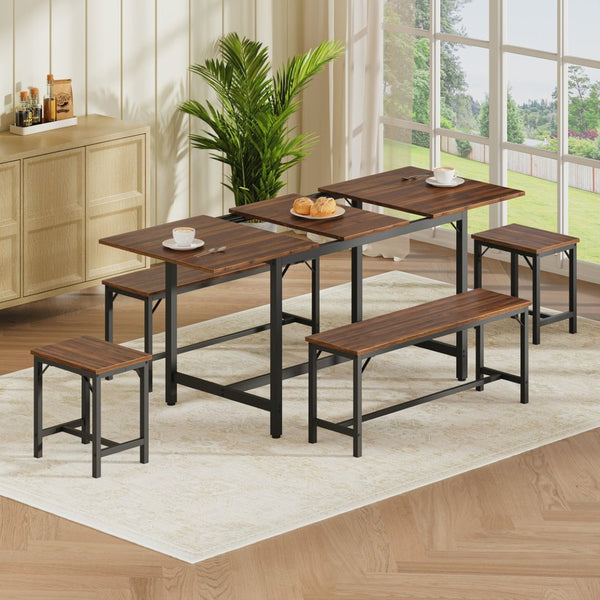 English Elm Expandable Dining Set Seats Eight with Benches Stools Steel Frame Wood Grain Top Walnut W1820P464321