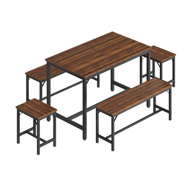 English Elm Expandable Dining Set Seats Eight with Benches Stools Steel Frame Wood Grain Top Walnut W1820P464321