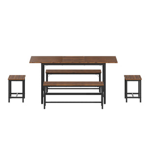 English Elm Expandable Dining Set Seats Eight with Benches Stools Steel Frame Wood Grain Top Walnut W1820P464321