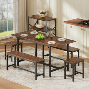English Elm Expandable Dining Set Seats Eight with Benches Stools Steel Frame Wood Grain Top Walnut W1820P464321