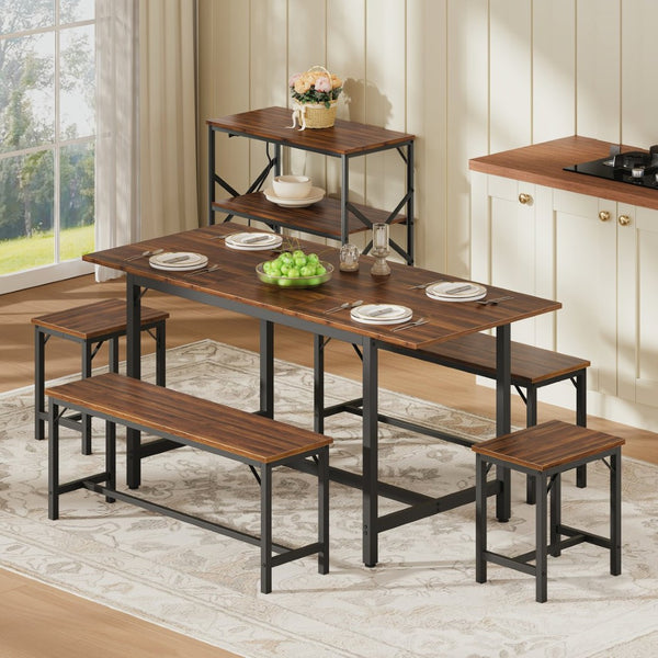 English Elm Expandable Dining Set Seats Eight with Benches Stools Steel Frame Wood Grain Top Walnut W1820P464321