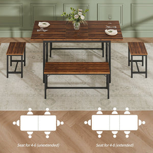 English Elm Expandable Dining Set Seats Eight with Benches Stools Steel Frame Wood Grain Top Walnut W1820P464321