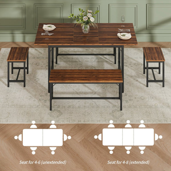 English Elm Expandable Dining Set Seats Eight with Benches Stools Steel Frame Wood Grain Top Walnut W1820P464321