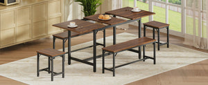 English Elm Expandable Dining Set Seats Eight with Benches Stools Steel Frame Wood Grain Top Walnut W1820P464321