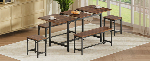 English Elm Expandable Dining Set Seats Eight with Benches Stools Steel Frame Wood Grain Top Walnut W1820P464321