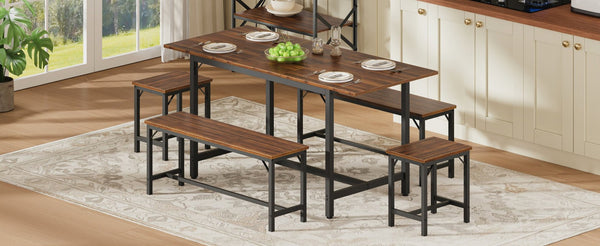 English Elm Expandable Dining Set Seats Eight with Benches Stools Steel Frame Wood Grain Top Walnut W1820P464321