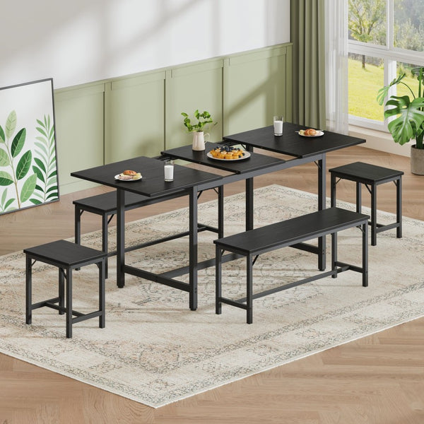 English Elm Expandable Dining Set Seats Eight with Wood Grain Top Metal Frame and Bench Storage W1820P464322
