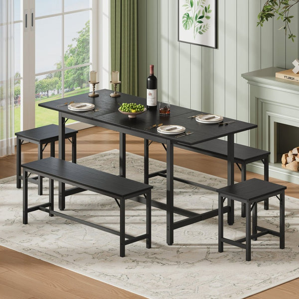 English Elm Expandable Dining Set Seats Eight with Wood Grain Top Metal Frame and Bench Storage W1820P464322