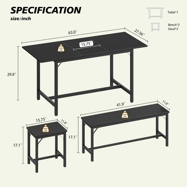 English Elm Expandable Dining Set Seats Eight with Wood Grain Top Metal Frame and Bench Storage W1820P464322