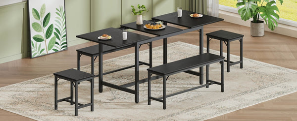 English Elm Expandable Dining Set Seats Eight with Wood Grain Top Metal Frame and Bench Storage W1820P464322