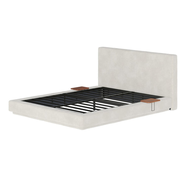 English Elm Airframe Queen Platform Bed Chenille Upholstered with Sliding Trays and Floating Base W1820P465974