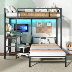 English Elm Bunk Bed with Rgb Lighting Fold Out Desk Steel Frame and Three Storage Drawers W1820P487043