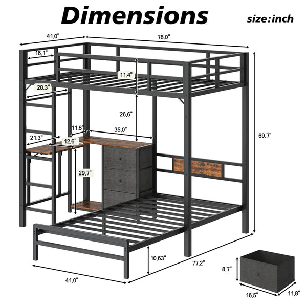 English Elm Bunk Bed with Rgb Lighting Fold Out Desk Steel Frame and Three Storage Drawers W1820P487043