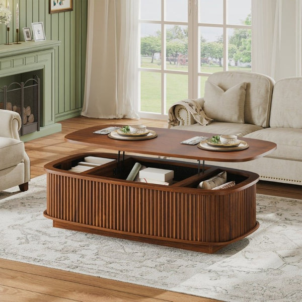 English Elm 47.2 Inch Oval Fluted Lift Top Coffee Table with Hidden Storage for Living Room W1820P496482