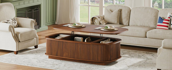 English Elm 47.2 Inch Oval Fluted Lift Top Coffee Table with Hidden Storage for Living Room W1820P496482