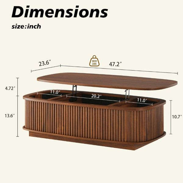 English Elm 47.2 Inch Oval Fluted Lift Top Coffee Table with Hidden Storage for Living Room W1820P496482