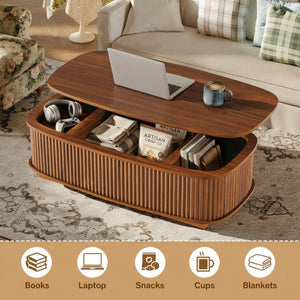 English Elm 47.2 Inch Oval Fluted Lift Top Coffee Table with Hidden Storage for Living Room W1820P496482