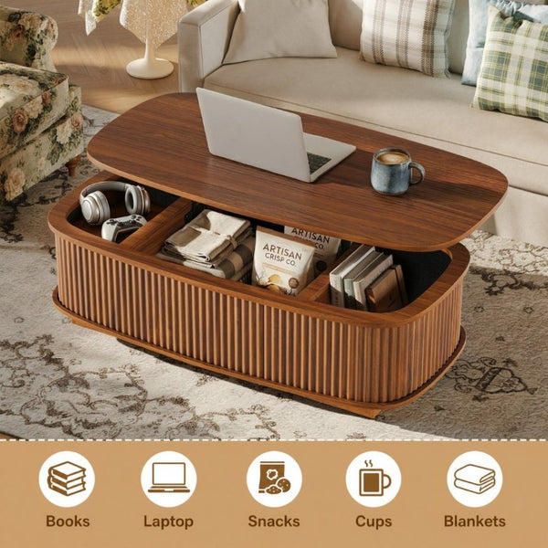 English Elm 47.2 Inch Oval Fluted Lift Top Coffee Table with Hidden Storage for Living Room W1820P496482