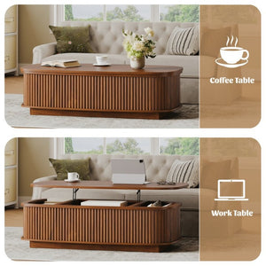 English Elm 47.2 Inch Oval Fluted Lift Top Coffee Table with Hidden Storage for Living Room W1820P496482